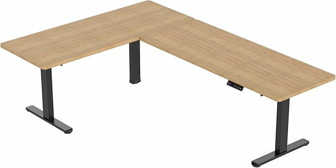 VIVO Electric Height Adjustable 83 x 60 inch Corner Stand Up Desk 2 Solid Bamboo Table Tops Black Frame Memory Controller L-Shaped Workstation 3E Series DESK-KIT-3E8BO