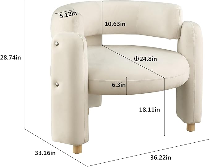 Oversized Armchair Mid-Century Reading Accent Chair Round Velvet Chair Modern Single Sofa Arm Chair for Living Room Bedroom Apartment Office (Beige)