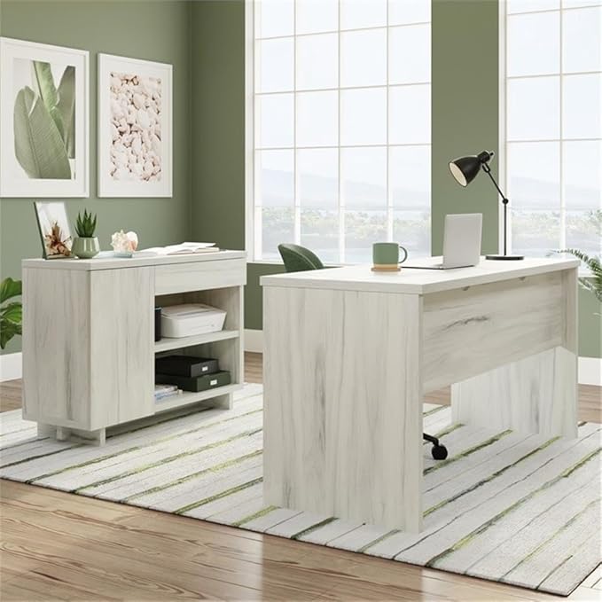 Pemberly Row Engineered Wood Desk with Credenza 30 H x 60 W x 65.98 D Haze Acacia/Natural Finish Adjustable Storage Shelves Drawer Cord Management L-Shaped Home Office Desk
