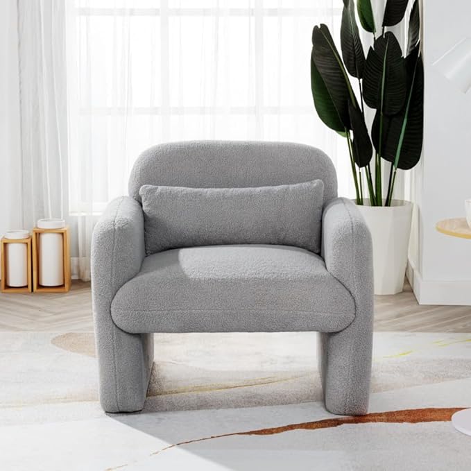 Stylish and Minimalist Teddy Fleece Single Sofa Chair with Arms and Pillow Armchair Accent Chair for Living Room Bedroom StudyGrey (Gray + Teddy)