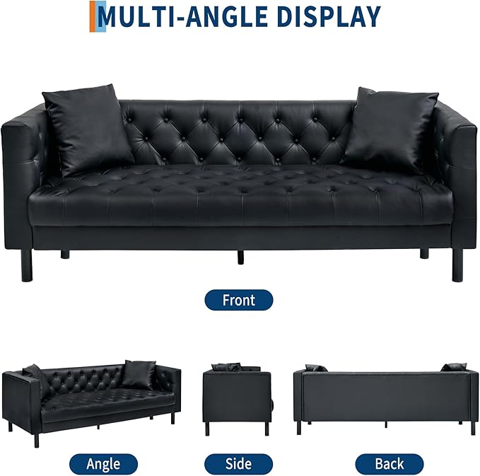 81 Button-Tufted Leather Sofa Mid-Century Modern Chesterfield 3 Seater with Deep Seat and 2 Pillows Ideal Leather Couch for Living Room Apartment and Office Use (Vintage Black)