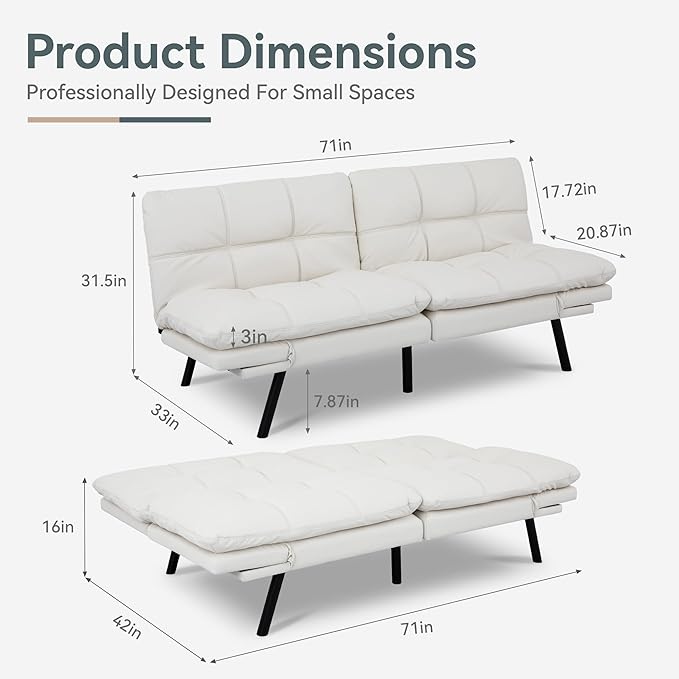 Vyfipt Convertible Futon Sofa Bed White Faux Leather Futon Couch with Adjustable Backrest &amp Armrests Folding Small Recliner Sleeper Sofa Bed for Living Room Apartment Office
