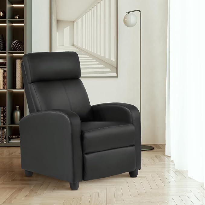 Recliner Chair Living Room Chair PU Leather Reclining Sofa Lounge Home Theater Seating with Lumbar Support Overstuffed High-Density Sponge Push Back Recliners Armchair for Living RoomBlack
