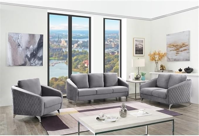 Lilola Home Sofia 36 W Gray Velvet Accent Chair with Silver Legs – Tufted Modern Armchair for Living Room Bedroom or Reading Nook