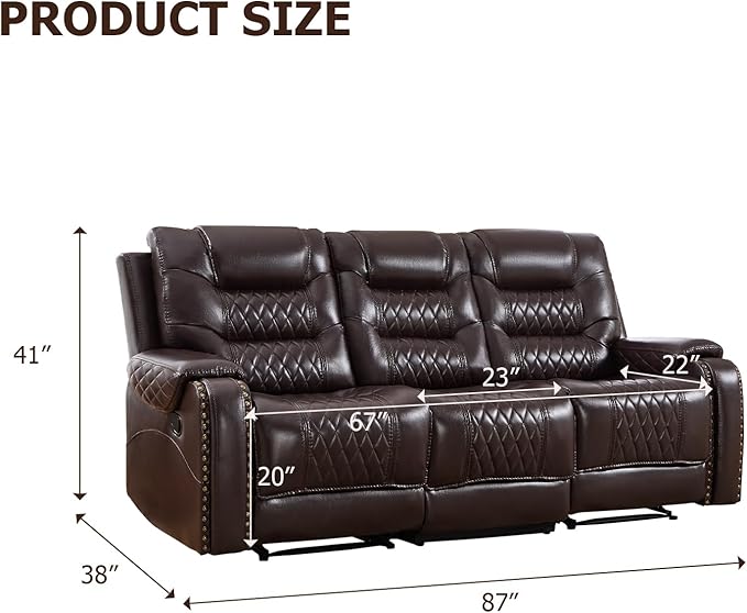 EBELLO Manual Reclining Sofa for Living Room Faux Leather 3 Seater Reclining Couch Chair Vintage Rivet Mid-Century Modern Design Furniture for Living Room Meeting Room Dark Brown