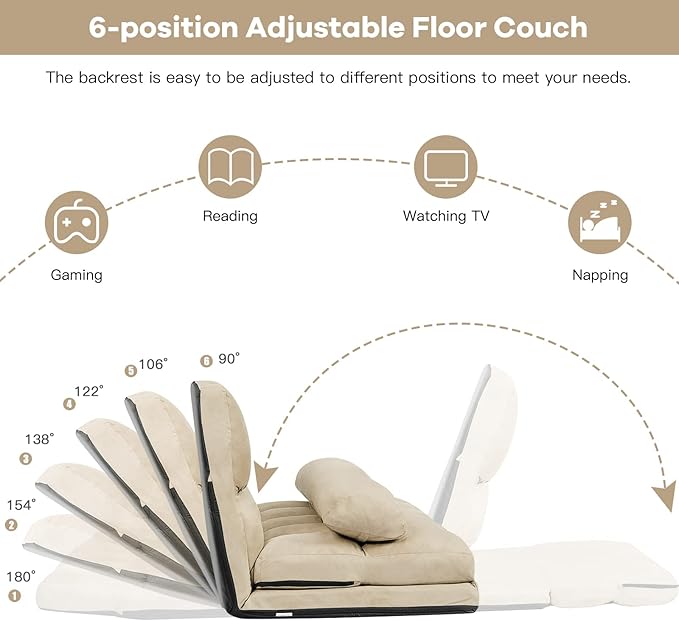 GOFLAME 6-Position Convertible Sofa Beige (Sponge High-Strength Steel Frame 330LBS Capacity Foldable Design for Easy Storage Modern Living Room)