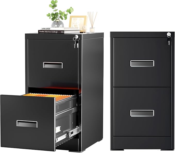 INTERGREAT 2 Drawers File Cabinet with Lock 18 D Metal Black Vertical Filing Cabinet for Hanging Folders Easy Assemble