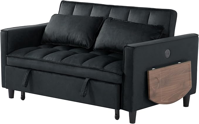 3 in 1 Sofa Bed Pull Out Couch with Side Pockets Loveseat Sleeper Sofa Bed with Side Table Pull Out Couch with USB Ports for Living Room Bedroom Apartment Black