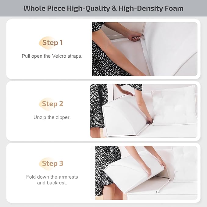 3-in-1 Convertible Sofa Bed 3-seater Boneless Futon Couch with Adjustable Backrest and Armrests Chenille Chaise Lounge Sofa with Pillows Floor Sleeper Loveseat for Living Room Reading Room Beige