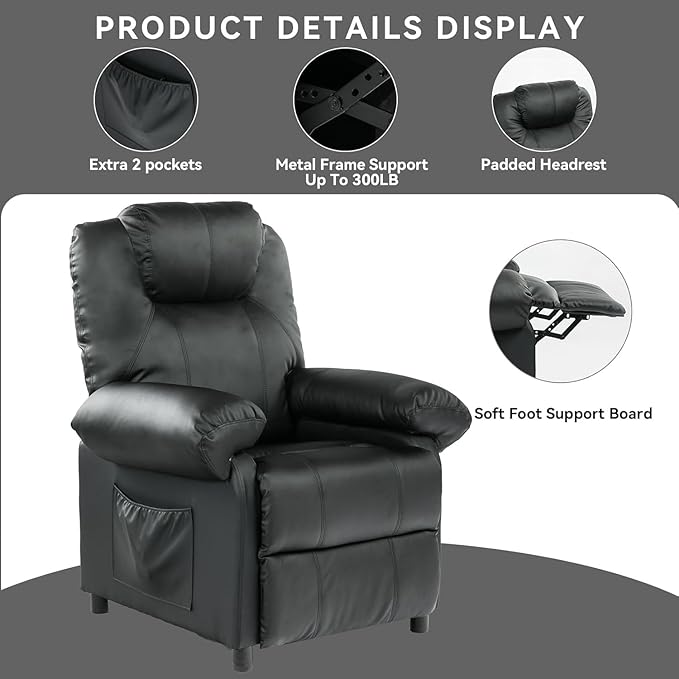 KCREAM Faux Leather Recliner Chair with Massage and Heat Mid Century Overstuffed Manual Reclining Chair Massaging Push Back Recliner Chair Single Sofa for Living Room Black