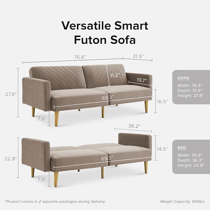 mopio 76.4 Futon Sofa Bed Couch Loveseat Sleeper Sofa Mid Century Modern Futon Couch Sofa Cama Couches for Living Room (Mocha Brown Premium Velvet)