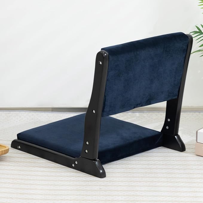 HollyHOME Foldable Tatami Chair Upholstered Japanese Style Floor Chair Wood Legless Back Rest Chair with Cushion Accent Meditation Floor Seat for Bay Window Living Room Bedroom Dark Blue