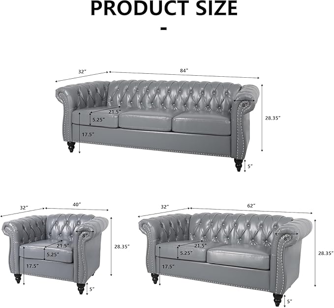 AVZEAR Chesterfield Loveseat Mid-Century PU Upholstered Loveseat Sofa Modern 2 Seater Couch Style Button Tufted Grey