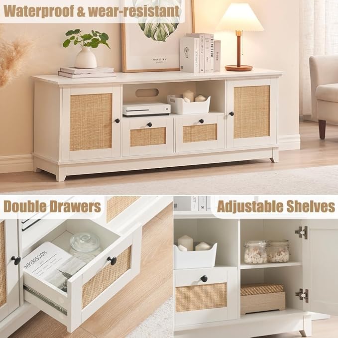 IDEALHOUSE Rattan TV Stand for 65+ Inch TV Boho Entertainment Center with Storage Drawer and Open Shelves TV Console Cabinet with Adjustable Shelf for Living Room Bedroom White