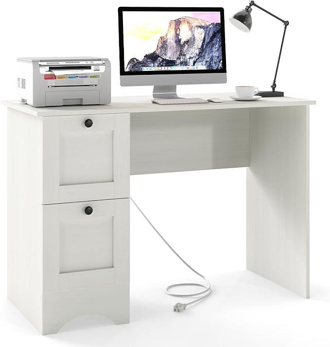 White Computer Desk 43” Desk with Drawers Home Office Desks with Power Outlet Modern Makeup Vanity Wooden Gaming Table Small Desk for Bedroom Writing Study Workstation for Teens
