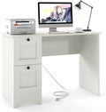 White Computer Desk 43” Desk with Drawers Home Office Desks with Power Outlet Modern Makeup Vanity Wooden Gaming Table Small Desk for Bedroom Writing Study Workstation for Teens