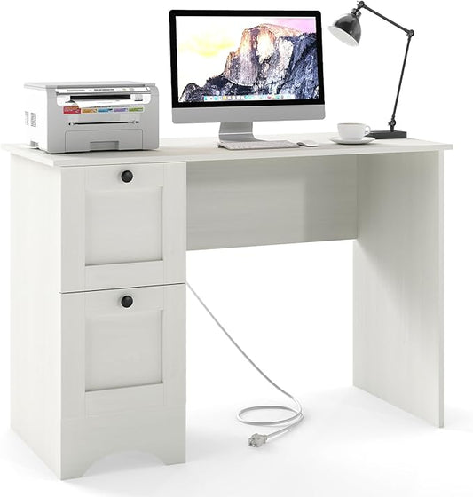 White Computer Desk 43” Desk with Drawers Home Office Desks with Power Outlet Modern Makeup Vanity Wooden Gaming Table Small Desk for Bedroom Writing Study Workstation for Teens