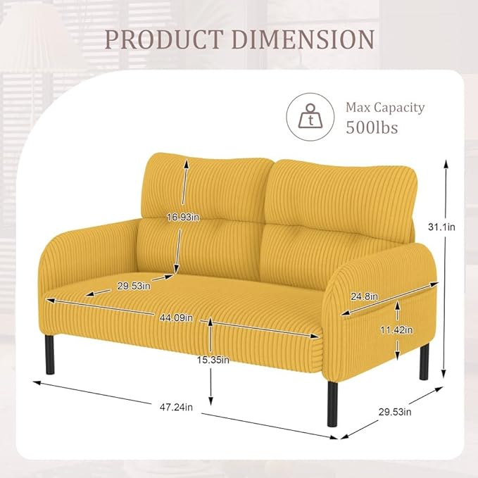 48 Small Loveseat Sofa for Small Space Corduroy Love Seat Couches with Black LegsComfy Couchs for Living Room Bedroom Apartment OfficeMid Century Modern Couch (Yellow)