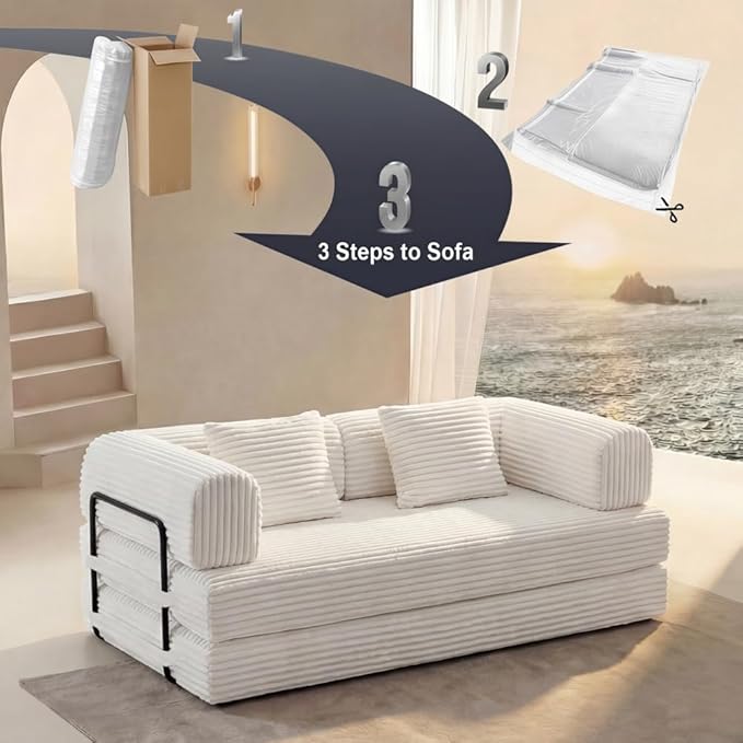 74 Compression Sofa Convertible Floor Sofa Bed with Pillow Back Support ArmrestComfy Futon Couch Sleeper BedLoveseats Boneless for Living RoomBedroom (Beige)