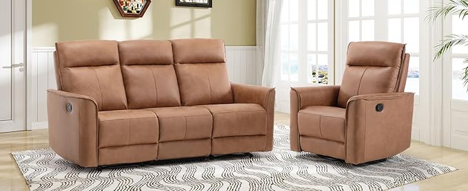 EBELLO Faux Leather Manual Recliner Sofa Set 1 Seat Recliner Chair and a 3 Seat Reclining Couch Furniture Set for Living Room Brown