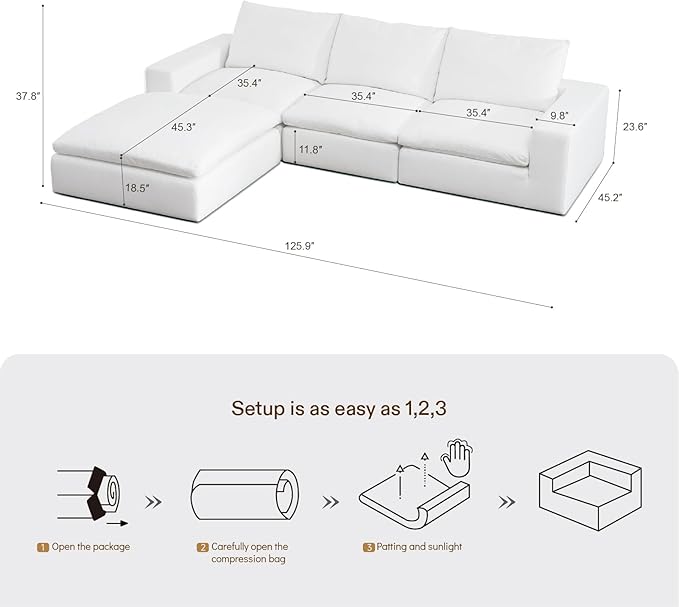 Cloud Couch Sectional Oversized Modular Sofa with 35'' Deep Seat Boneless Couch L-Shape Comfy Sofa Stain-Resistant White Sectional Couches for Living Room Apartment 3 Seater + 1 Ottoman