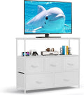 TV Stand 5 Fabric Drawers Dresser Entertainment Center for TV up to 45 inch Wooden Media Console Table Storage Organizer with Open Shelf for Living Room Bedroom or Small Space White