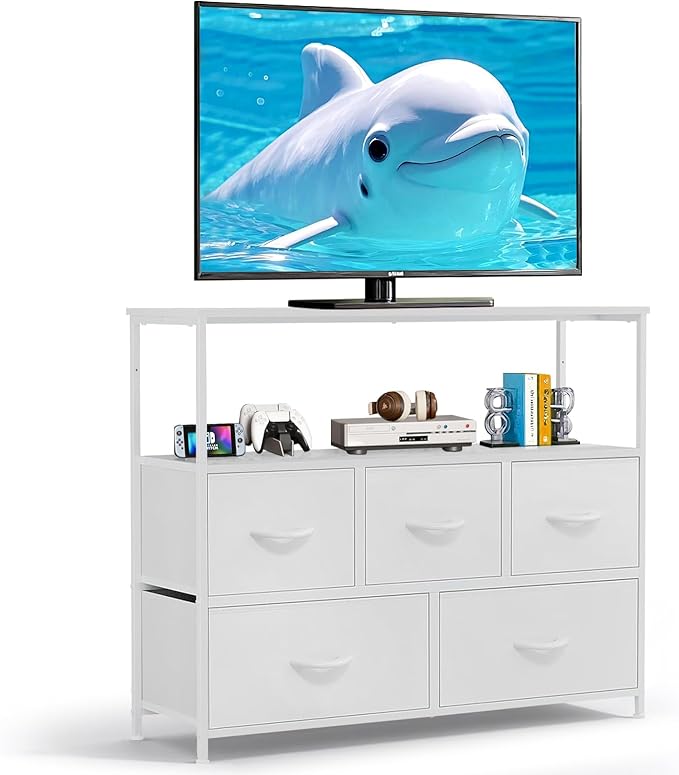 TV Stand 5 Fabric Drawers Dresser Entertainment Center for TV up to 45 inch Wooden Media Console Table Storage Organizer with Open Shelf for Living Room Bedroom or Small Space White