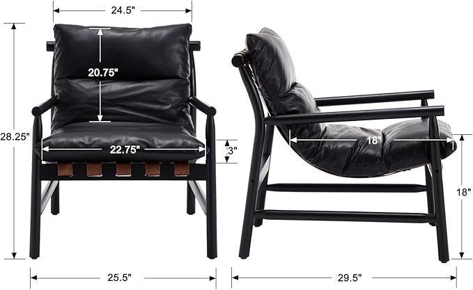 Kmax Modern Sling Accent Chair Upholstered PU Leather Living Room Chair Comfy Lounge Chair Solid Wood Frame Arm Chair for Bedroom Reading Room Black