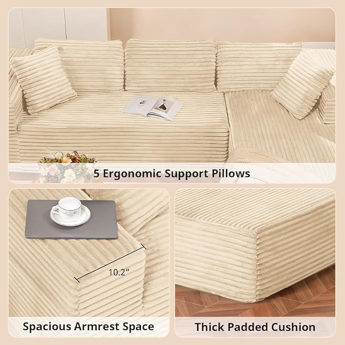 COMHOMA 105”Modular Sectional Sofa with Deep SeatCloud Upholstered L-Shape Couch Wide Arms Corduroy Fabric High-Density Foam Chaise Lounge for Living Room No Assembly Required