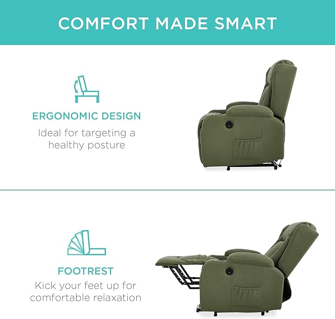 Best Choice Products PU Leather Electric Power Lift Chair Recliner Massage Chair Adjustable Furniture for Back Legs w/ 3 Positions USB Port Heat Cupholders Easy-to-Reach Side Button - Olive