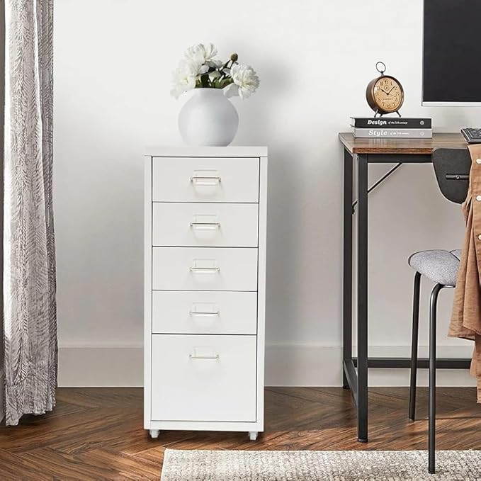 5-Drawer File Cabinet Office Filing Cabinet Stand Storage Organizer with Wheels Freestanding Rolling Storage Dresser Mutifuctional Tool Organizer for Kitchen Bedroom Living Room (White)