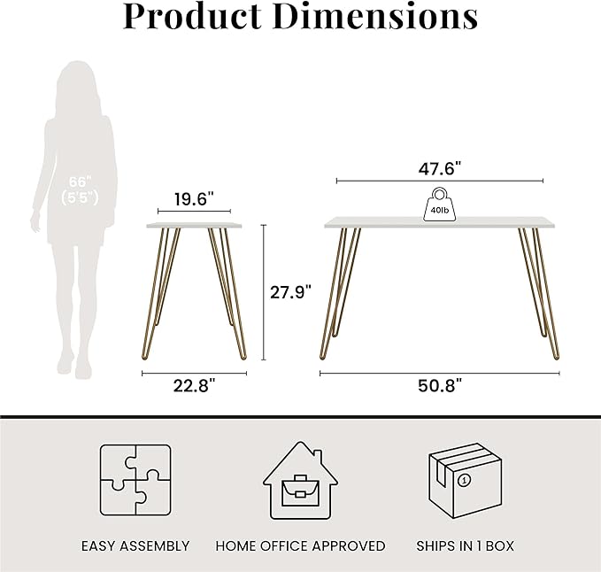 Writing Desk White and Gold - Minimalist Industrial Hairpin Leg Desk Sturdy Engineered Wood Desktop Compact Home Office Study Table Laptop Workstation