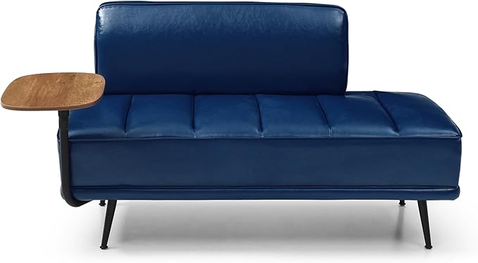 Modern Upholstered End of Bed Bench with 360-Degree Swivel Tray 2 Seater Sofa Couch with Side Table Settee Bench with Metal Legs Backrest for Living RoomEntrywayFoyer (PU-With Tray Navy)