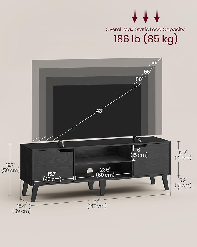 VASAGLE TV Stand for 65-Inch TVs Entertainment Center with Adjustable Shelf 58-Inch Long Media Console Table Transitional Style for Living Room Bedroom Ebony Black ULTV556B01