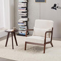 Mid Century Modern Accent Chair with Side Table Upholstered Corduroy Armchair with Lumbar Pillow Solid Rubberwood Frame for Living Room Bedroom Reading Nook White/Walnut