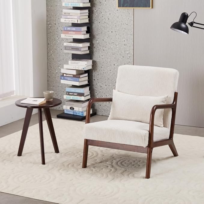 Mid Century Modern Accent Chair with Side Table Upholstered Corduroy Armchair with Lumbar Pillow Solid Rubberwood Frame for Living Room Bedroom Reading Nook White/Walnut