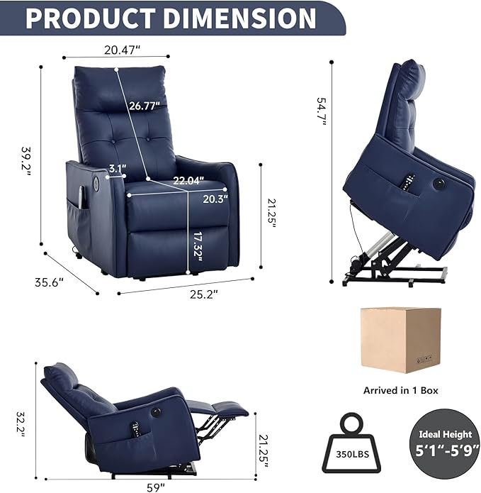 Small Power Lift Chair Recliner for Elderly Petite Power Recliner Chair with Massage and Heat | USB | High Back | Push Button | Side Pockets Liviing Room Easy Assembly (PU Leather Dark Blue)