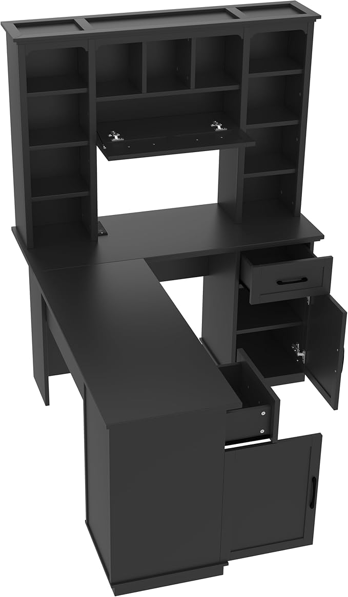 L-Shaped Home Executive Desk with 2 Cabinets and 2 Drawers Computer Desk with Power Outlet 11 Open Shelves and 1 Right Flip Shelf with Storage for Study Living Room and Office (Black-02)
