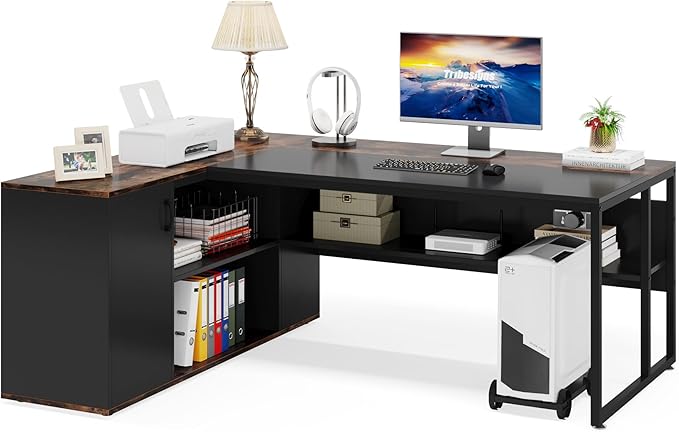 Tribesigns 71 L-Shaped Executive Desk Large Office Desk with Lateral Cabinet and Open Shelves Industrial Computer Table for Home Office Walnut &amp Black