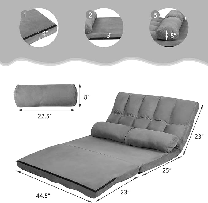 S AFSTAR Floor Folding Couch and Futon Sofa 6-Position Fabric Sleeper Bed with 2 Pillows and Sponge Filling Adjustable Lazy Sofa for Living Room and Bedroom(Gray)