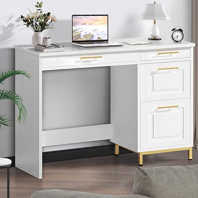 4 EVER WINNER White Desk with Drawers and Golden Handles 43 Home Office Desks with Drawers Computer Wrighting Table with Storage for Bedroom White and Gold Desk