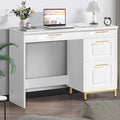 4 EVER WINNER White Desk with Drawers and Golden Handles 43 Home Office Desks with Drawers Computer Wrighting Table with Storage for Bedroom White and Gold Desk
