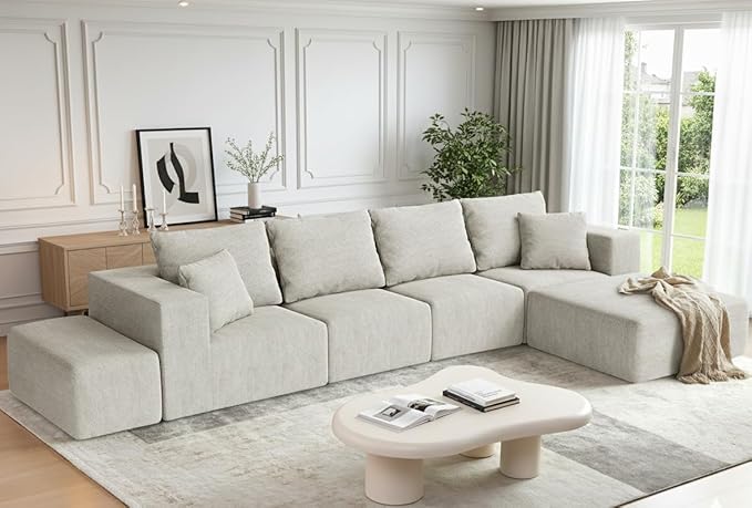 152'' Cloud Couch Sectional Deep Seat Upholstered Sofa Chenille Modular Sectional Couches for Living Room Memory Foam with 6 Pillows No Assembly Required (Beige)