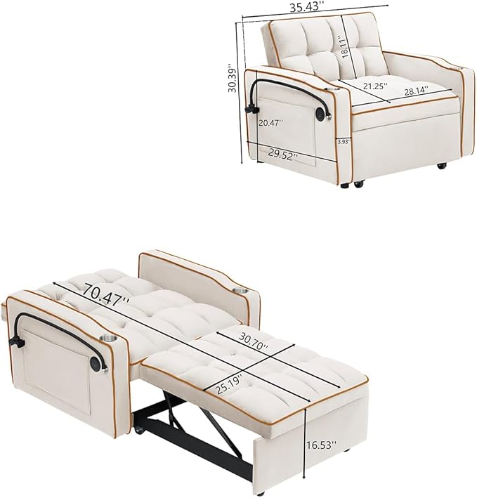 3 in 1 Convertible Sleeper Chair Modern Pull Out Couch Bed Single Recliner with Adjustable Back Velvet Futon Folding Sofa Bed Chair for Living Room Bedroom Small Spaces (Creamy White-2)