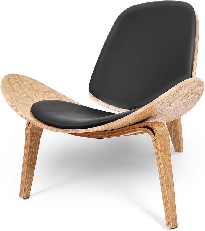 Hans Wegner Style Three-Legged Shell Chair Ash Plywood Black Faux Leather Accent Chair Living Room Furniture Mid-Century Modern Shell Chair