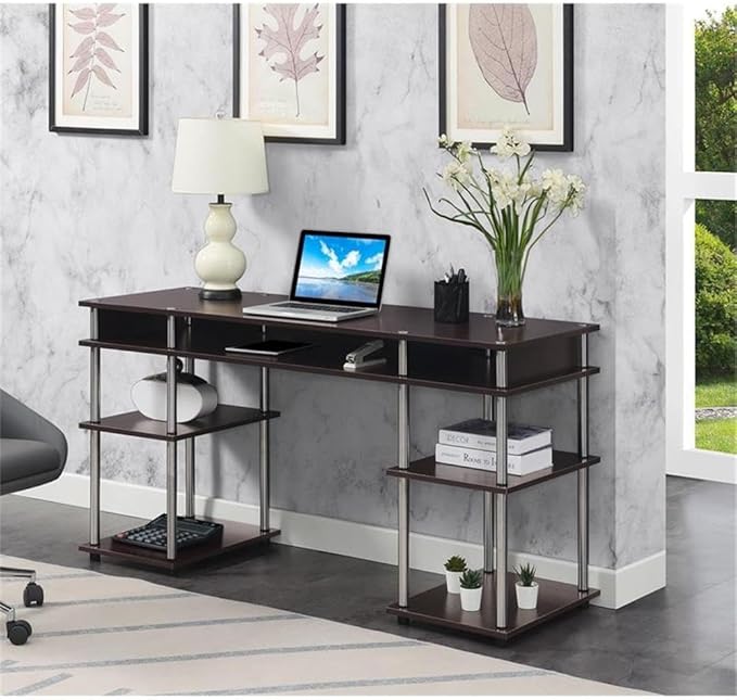 Pemberly Row No-Tools Student Desk 60-Inch with Shelves Espresso Wood Finish Stainless-Steel Poles Durable Particle Board and Melamine Easy Assembly Workspace for Home Office or Dorm Use