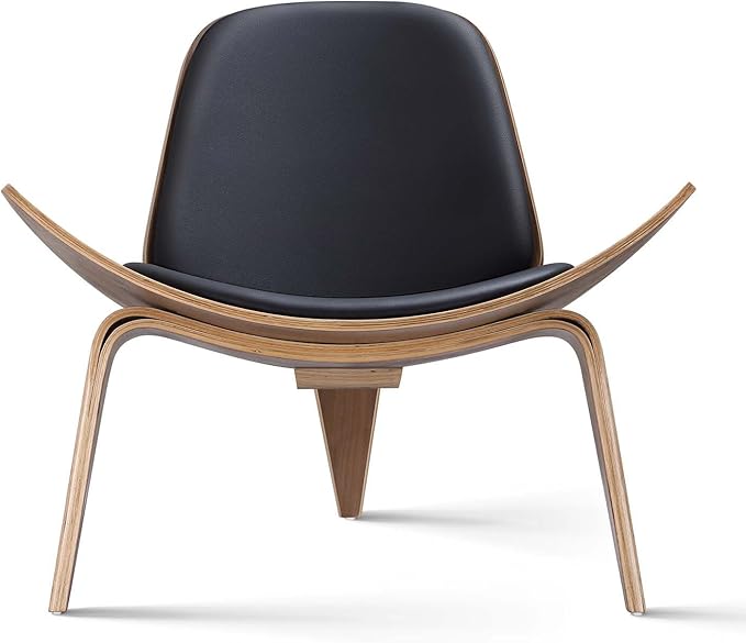 Mid Century Modern Shell Lounge Chair PU Leather Tripod Plywood Classic Design Solid Wood Accent Chairs for Living Room Reading Lounge Office Salon