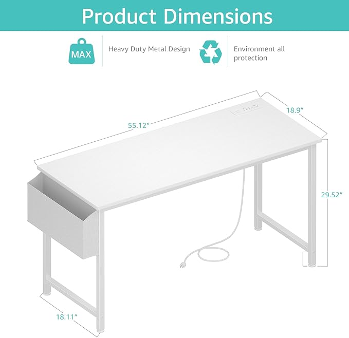 Lufeiya White Computer Desk with Power Outlet 55 inch Teen Study Table Home Office Work Writing Gaming Desks with Charging Station Outlets Built in White