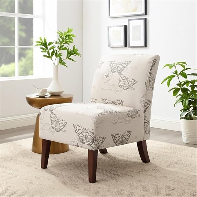Riverbay Furniture 17.5'' Slipper Chair Gray Butterfly Linen Upholstery Eucalyptus Wood Frame Dark Espresso Legs Contemporary Animal Print Accent Chair Stylish Seating for Living Room or Bedroom