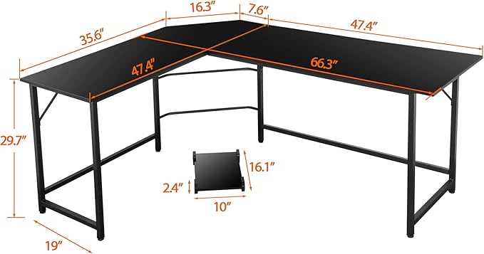 LEMY 66 Inch x 47 Inch Large L-Shape Corner Table Computer Workstation Bevel Edge Angle Design PC Laptop Table w/CPU Stand for Home Office - Black